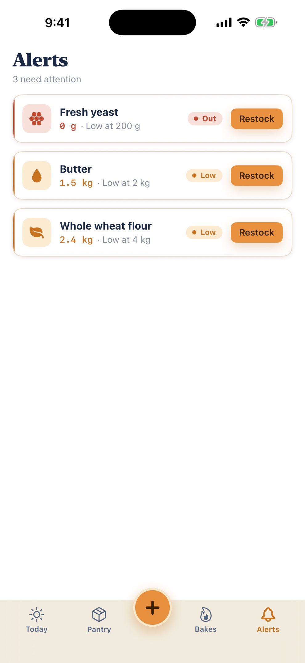 Alerts screen listing out-of-stock and low ingredients with restock buttons