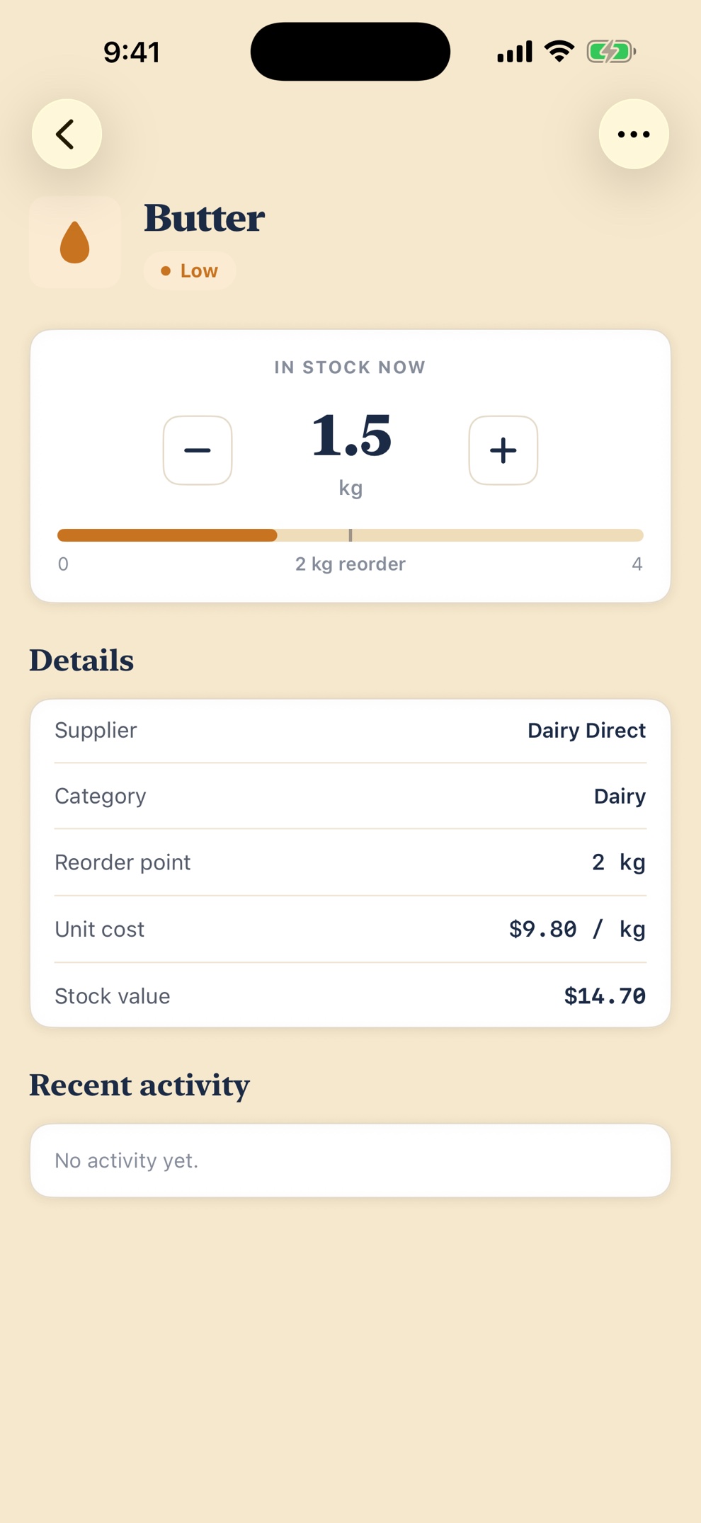 Ingredient detail with stock stepper, reorder gauge and activity ledger