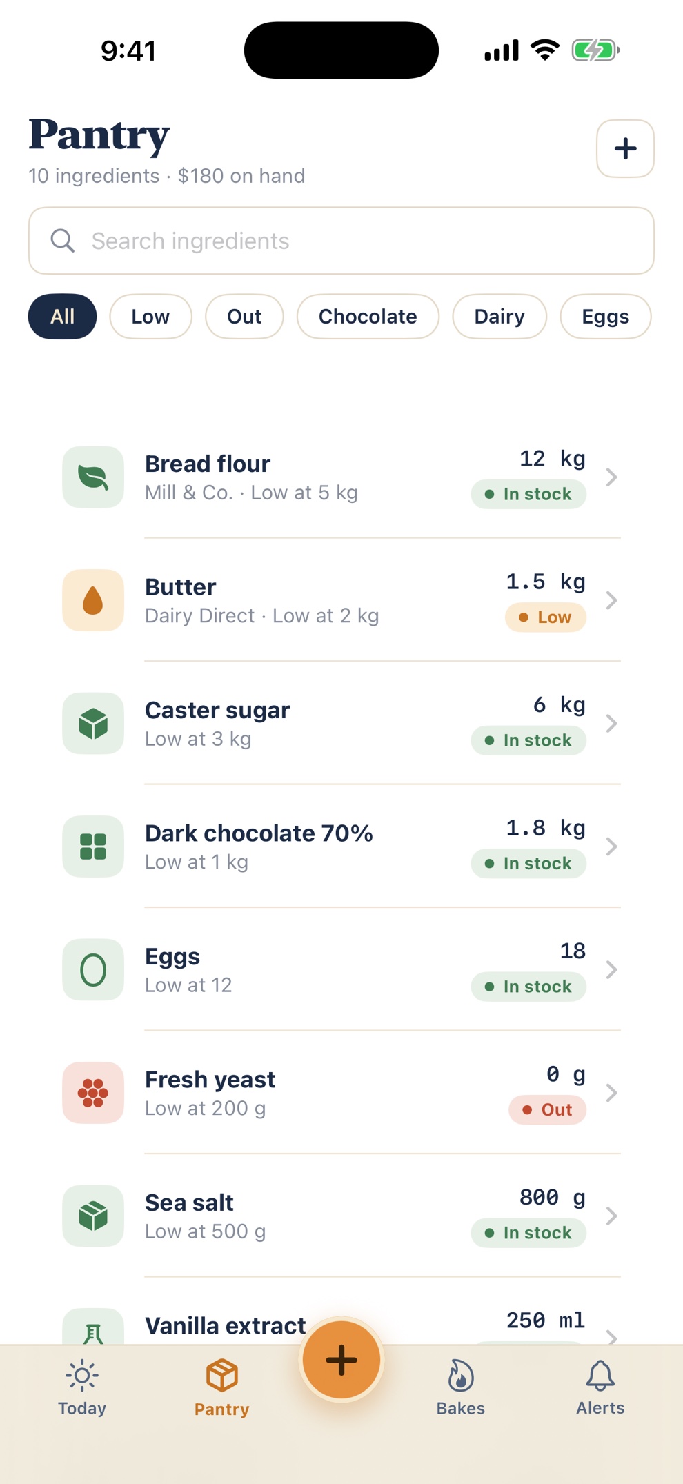 Pantry screen with ingredient stock levels and category filters