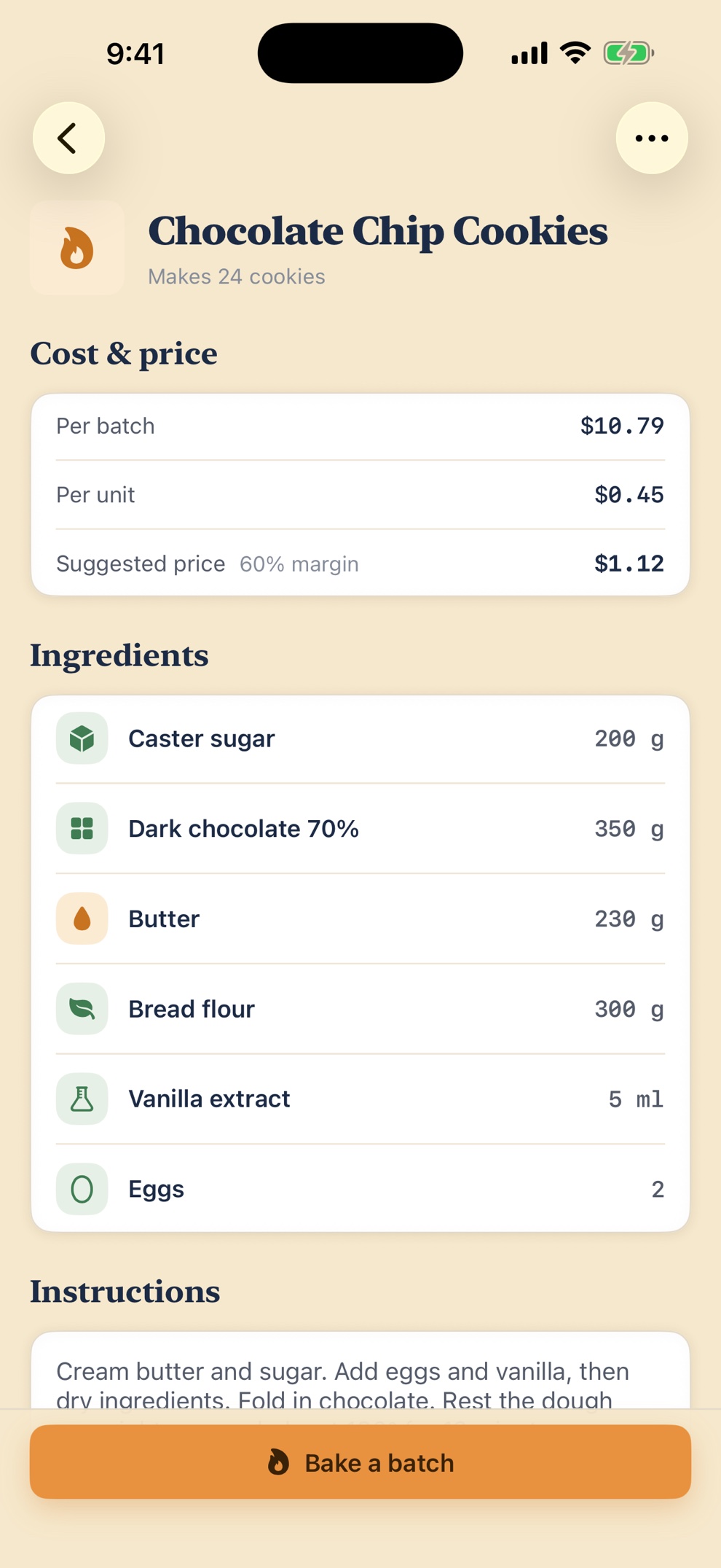 Recipe screen showing cost per batch, per unit and suggested price