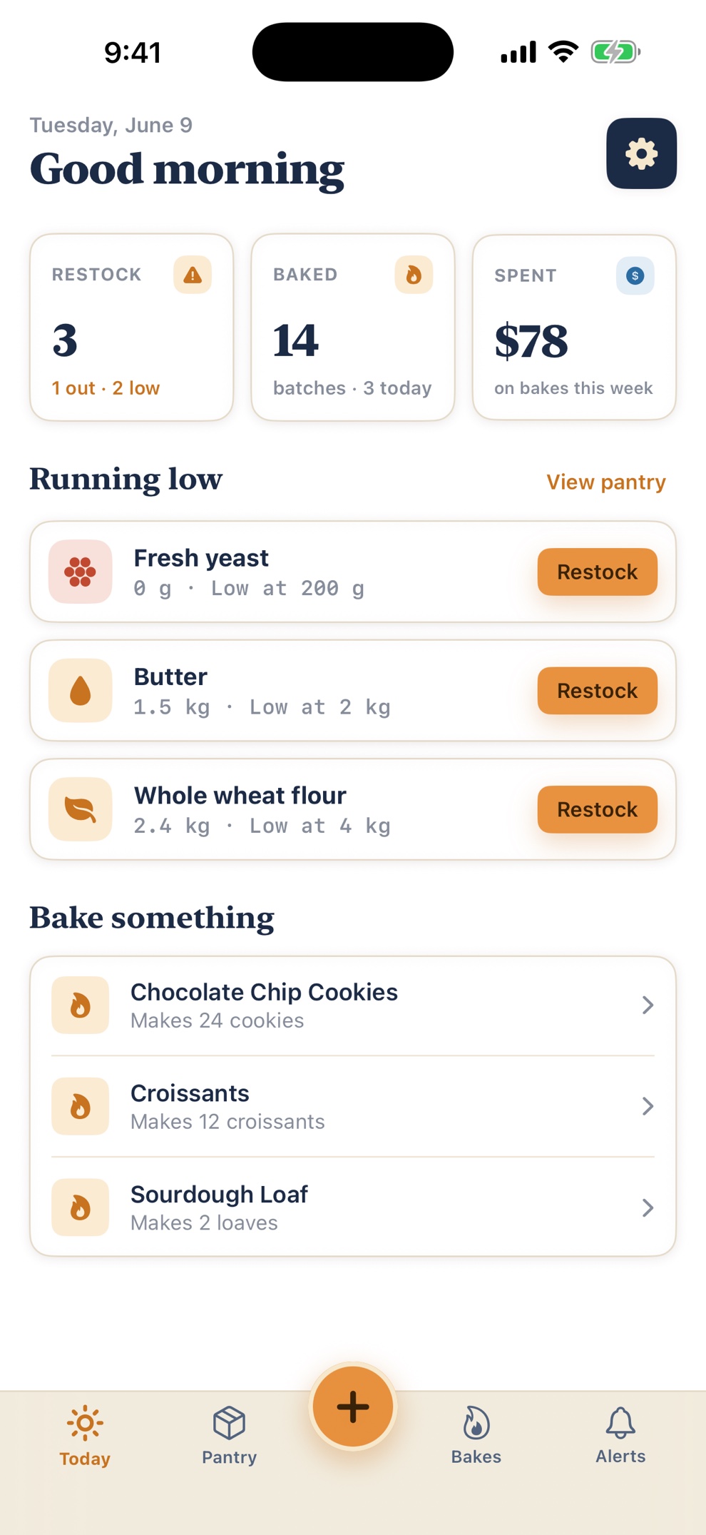 CrumbControl Today dashboard showing restock, baked and spent stats